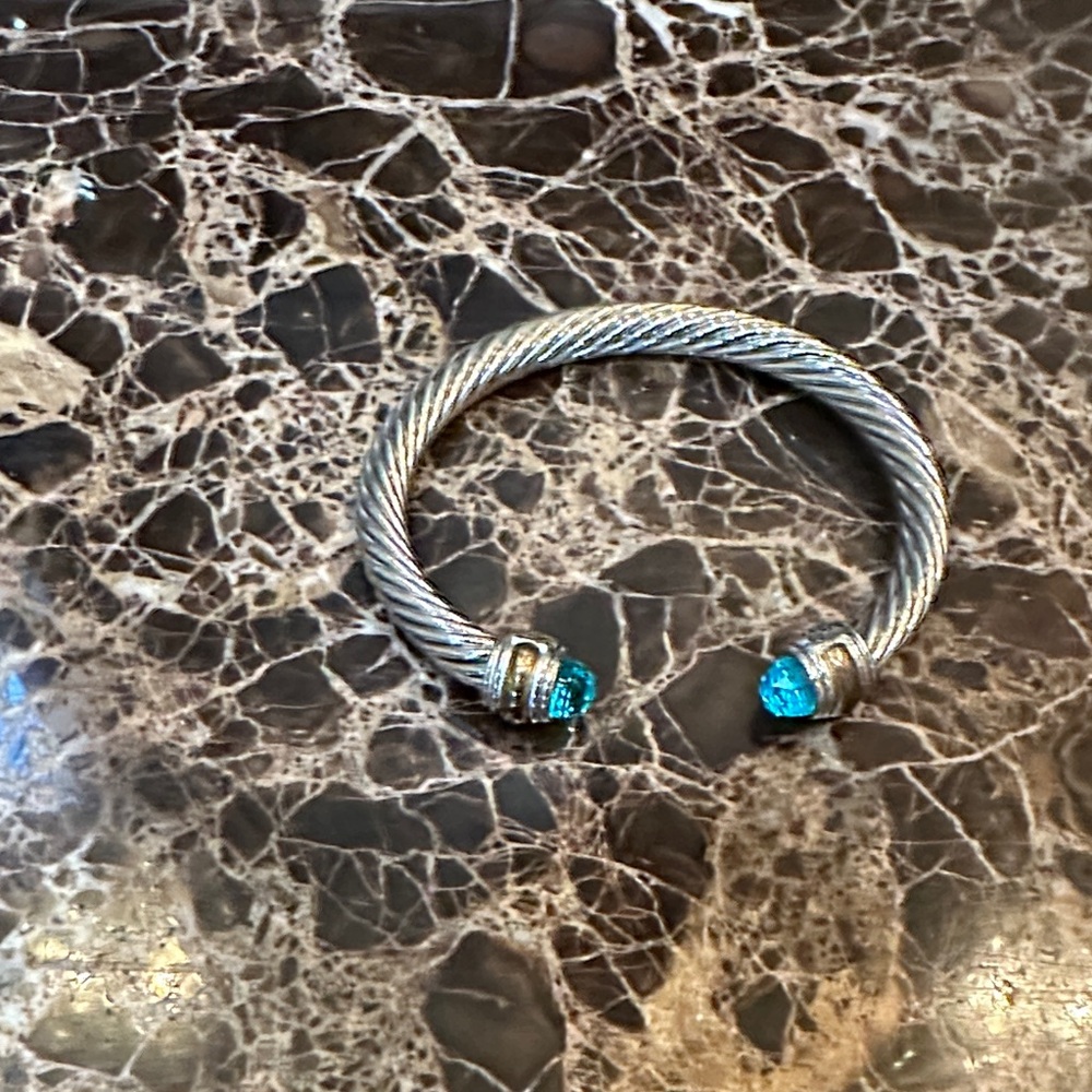 Silver-Tone Cable Cuff Bracelet with Blue Crystal Ends